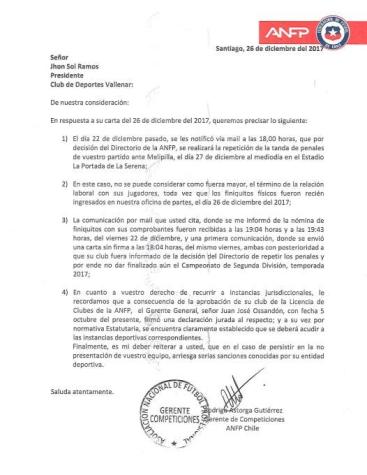 Vallenar: “Se encuentra absolutamente imposibilitado de cumplir con la decisión de la ANFP”