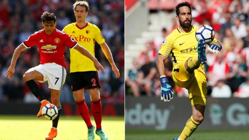 Alexis Sánchez y Claudio Bravo celebran en la última fecha de la Premier League