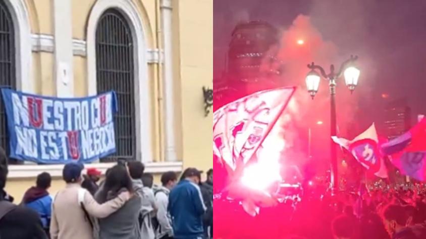Masiva manifestación de hinchas de la U contra Azul Azul en la Casa Central de la Universidad de Chile