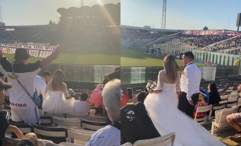 ¡Del matrimonio al estadio! Pareja de novios sorprendió al llegar al Monumental a ver a Colo Colo