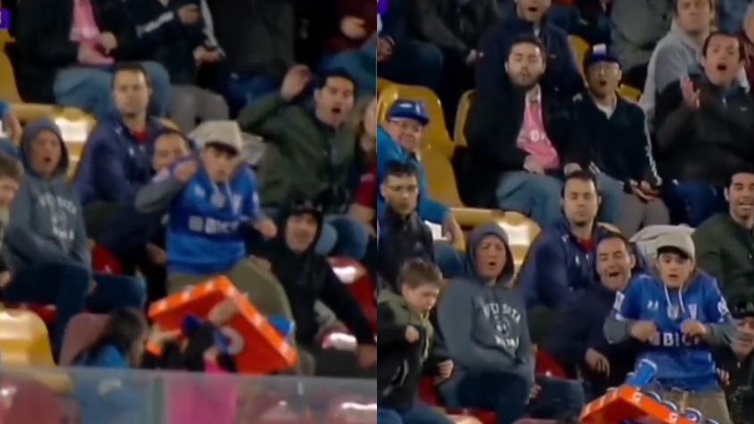¡Quedó bañada en bebida! Vendedora recibió pelotazo en el duelo entre la UC vs Ñublense y se hizo viral