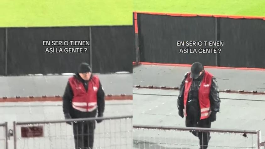 ¡Indignante! Viralizan registro de guardias trabajando bajo una intensa lluvia en un partido de Copa Chile
